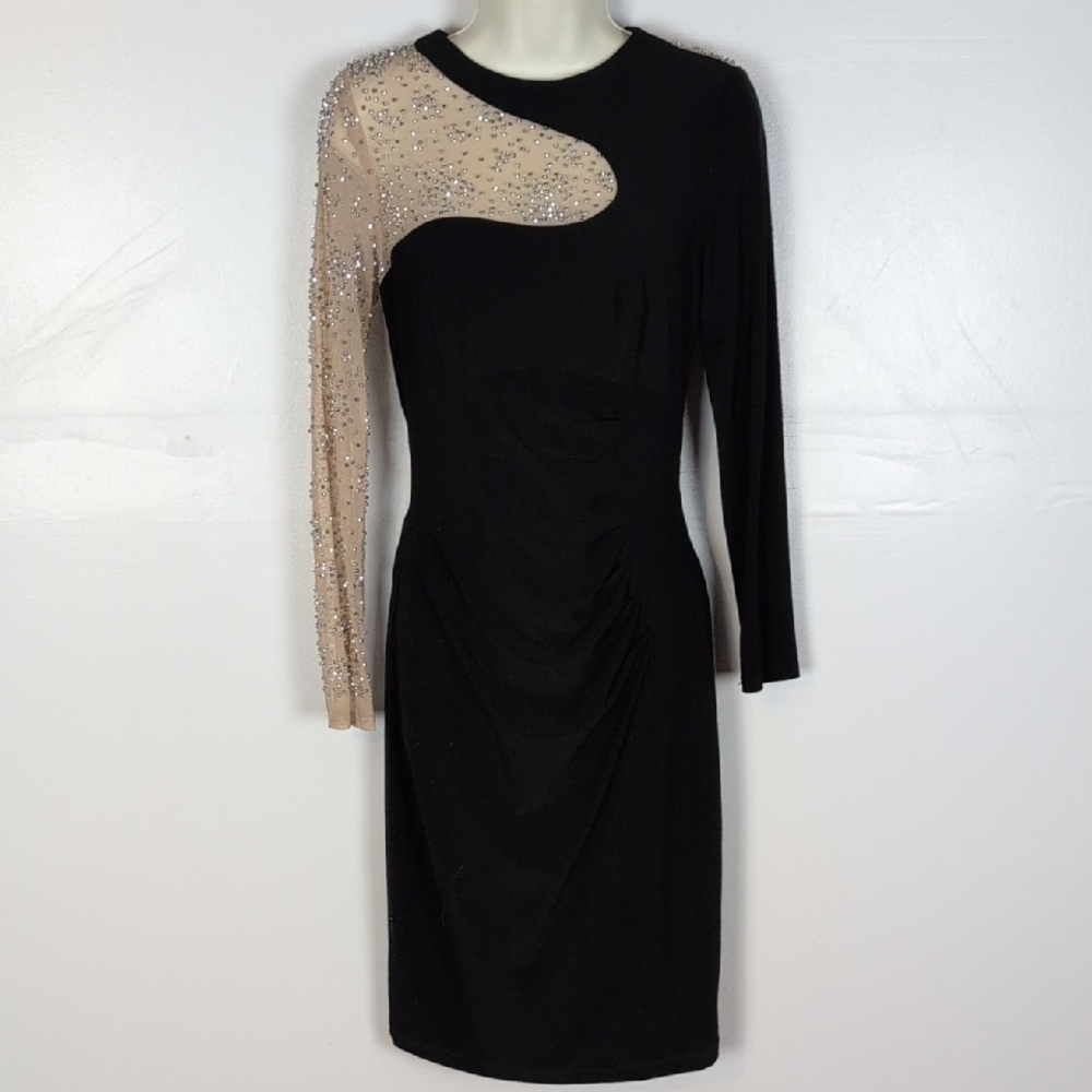 Xscape Black and Beige Embellished Long Sleeve Dress